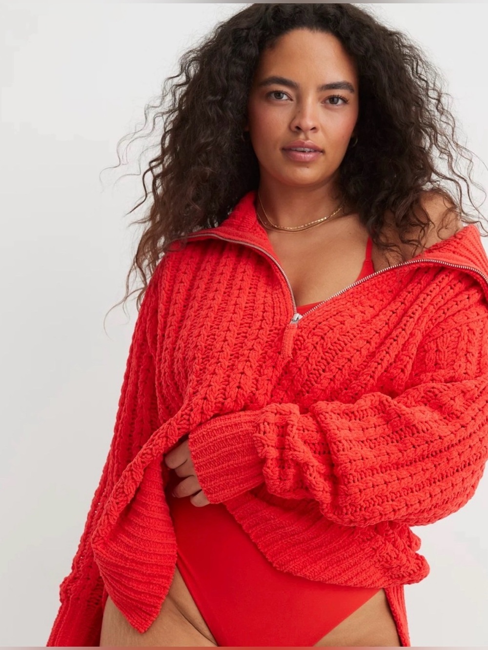 Aerie Cable Car Quarter Zip Sweater in red